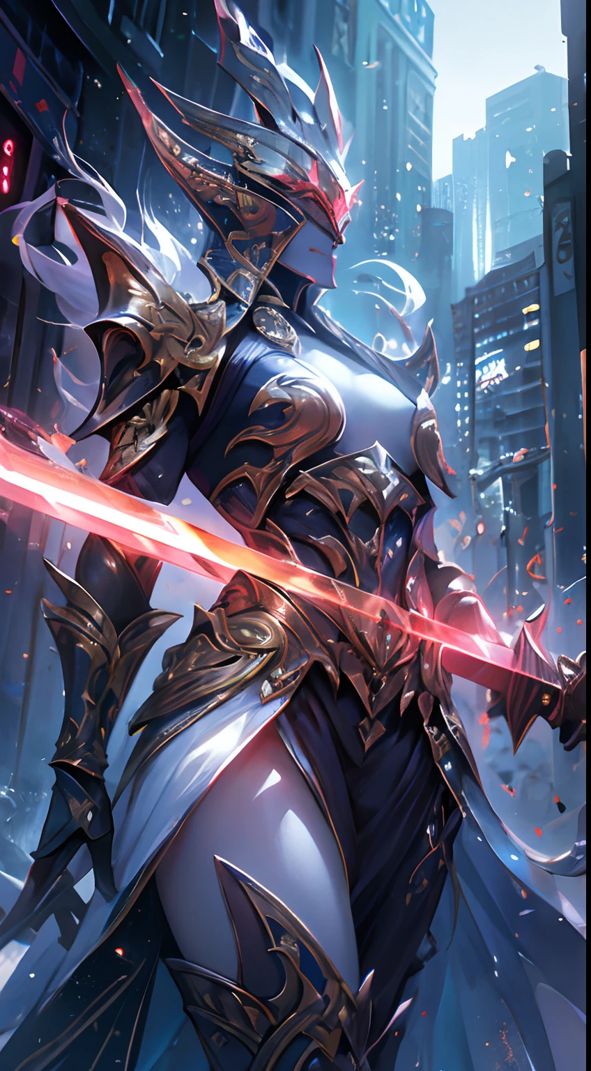 "An awesome paladin wields a sword full of light, Exudes powerful light magic. Set in a dark and mysterious cityscape, Illuminated by the light of the Paladin's Sword. The composition is professionally crafted, Amazing attention to detail and cinematic lighting. The overall aesthetic is reminiscent of Fujifilm photography, Capture the beauty and depth of the scene."