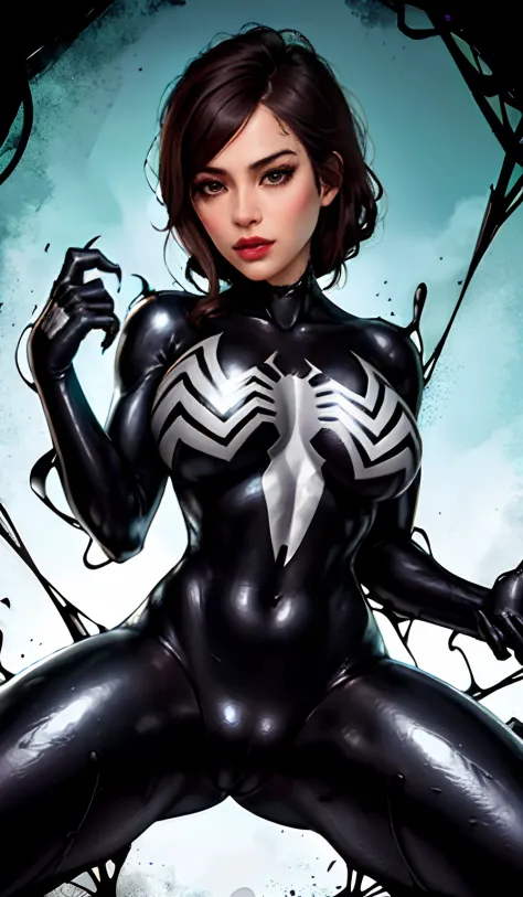 4K，realisticlying，Glamorous，The is very detailed，There is a girl in Dingcheng，Wearing a black Spider-Man costume，（Black and white：1.4） the night,symbiote，venomize，a large amount of mucus,she is a spiderman，Black superhero theme，In front of the sky，Flushed ...
