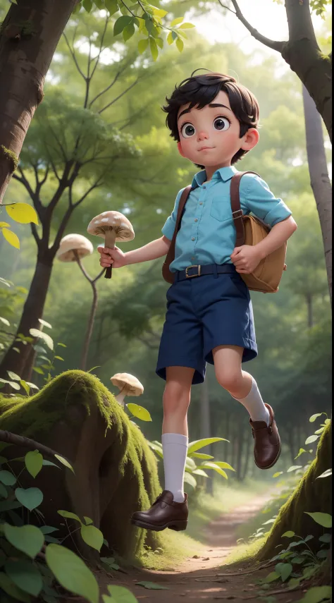 A Jornada dos Pequenos Exploradores: a little boy with a white mushroom head jumping in the forest, com uma pequena mochila azul...