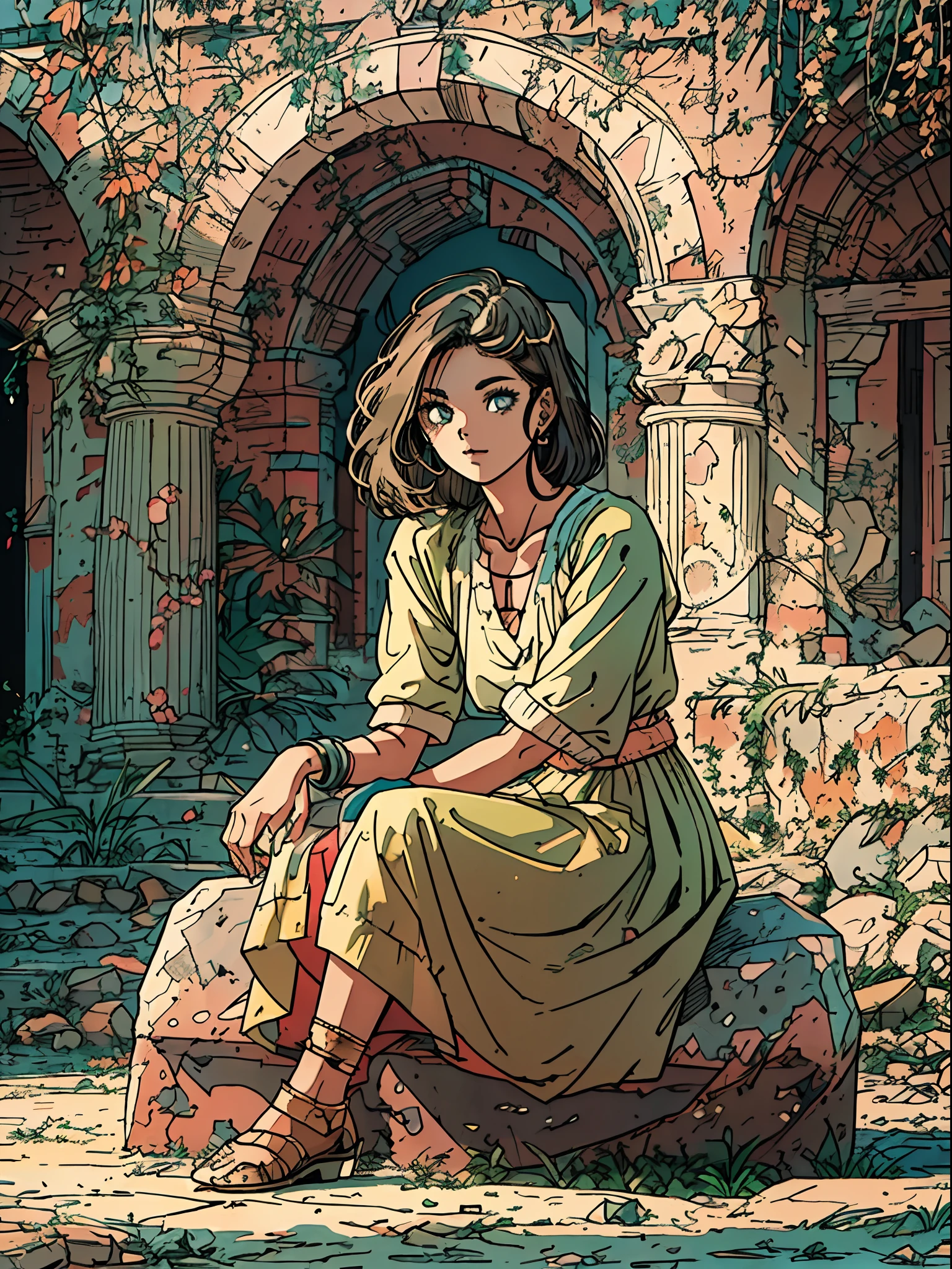 village belle sitting on a stone table, (extremely detailed face and eyes), (mature face), spread legs, , ancient ruins background, beautiful shadow and lighting, retro fashion, muted pastel colors