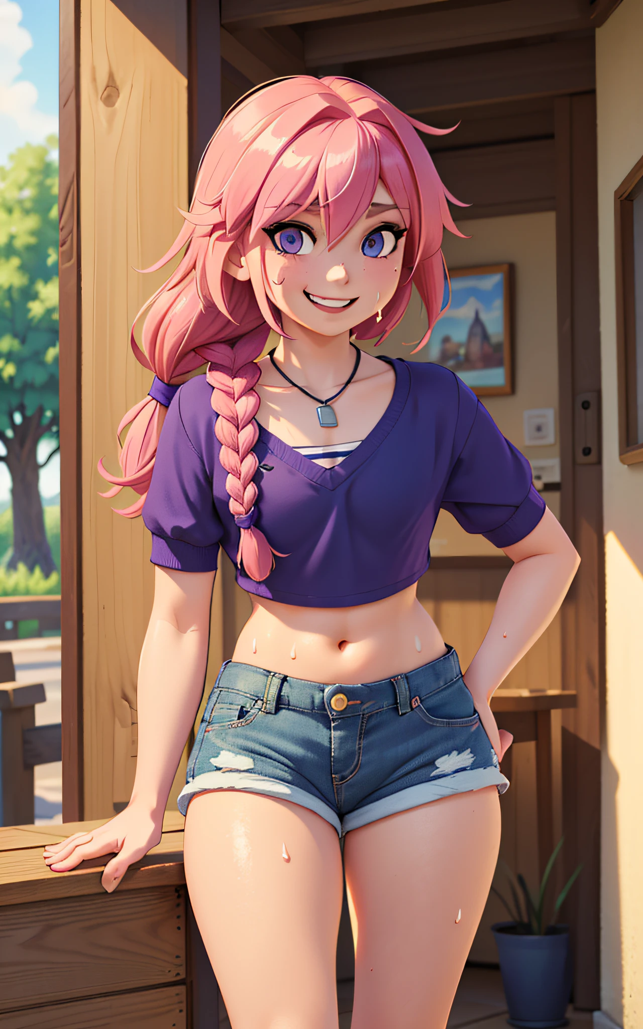 (astolfo fate grand order):1.3), ((purple eyes, detailed eyes, pink hair, braid, long braid, white details on bangs, smile), ((detailed clothes, jean shorts, short shorts, bulge in shorts, crop top, midriff, sweat)), (((erection, bulge in pants))), outdoors, (france medieval, fantasy), ((illustration)), (mature male, feminine male, femboy), (((masterpiece))), (realistic:0.7), best quality,femboy, otoko no ko, feminine male, 1woman, solo, mature otoko no ko, ((flat chest)),  16k, UHD, max quality, Max Resolution, ultra realistic, ((ultra detalhado):1), ((perfect_hands, perfect_fingers))