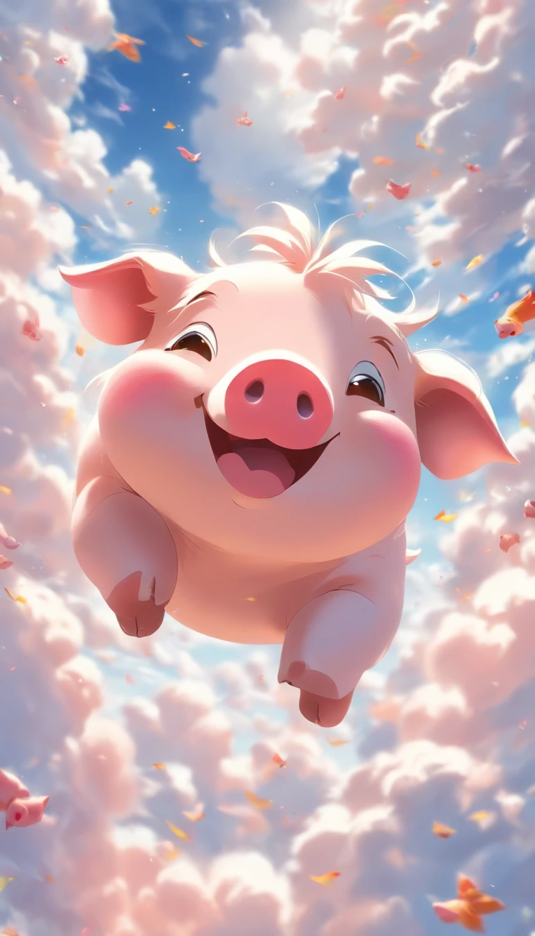 (Best quality,4K,A high resolution),(Realistic:1.37),Vivid colors,Sharp focus,Physically-based rendering,Ultra-detailed,Cloud makes pigs,Lively sky,Sea of Clouds,Naughty pigs,Fluffy clouds,Pig-shaped clouds,puffy white clouds,Piglet in the sky,Blue sky,White clouds,Smiling piglet,Happy pig