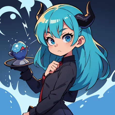 A  girl, blue hair, Black Devil Horns, The Devil's Tail, whitebackground