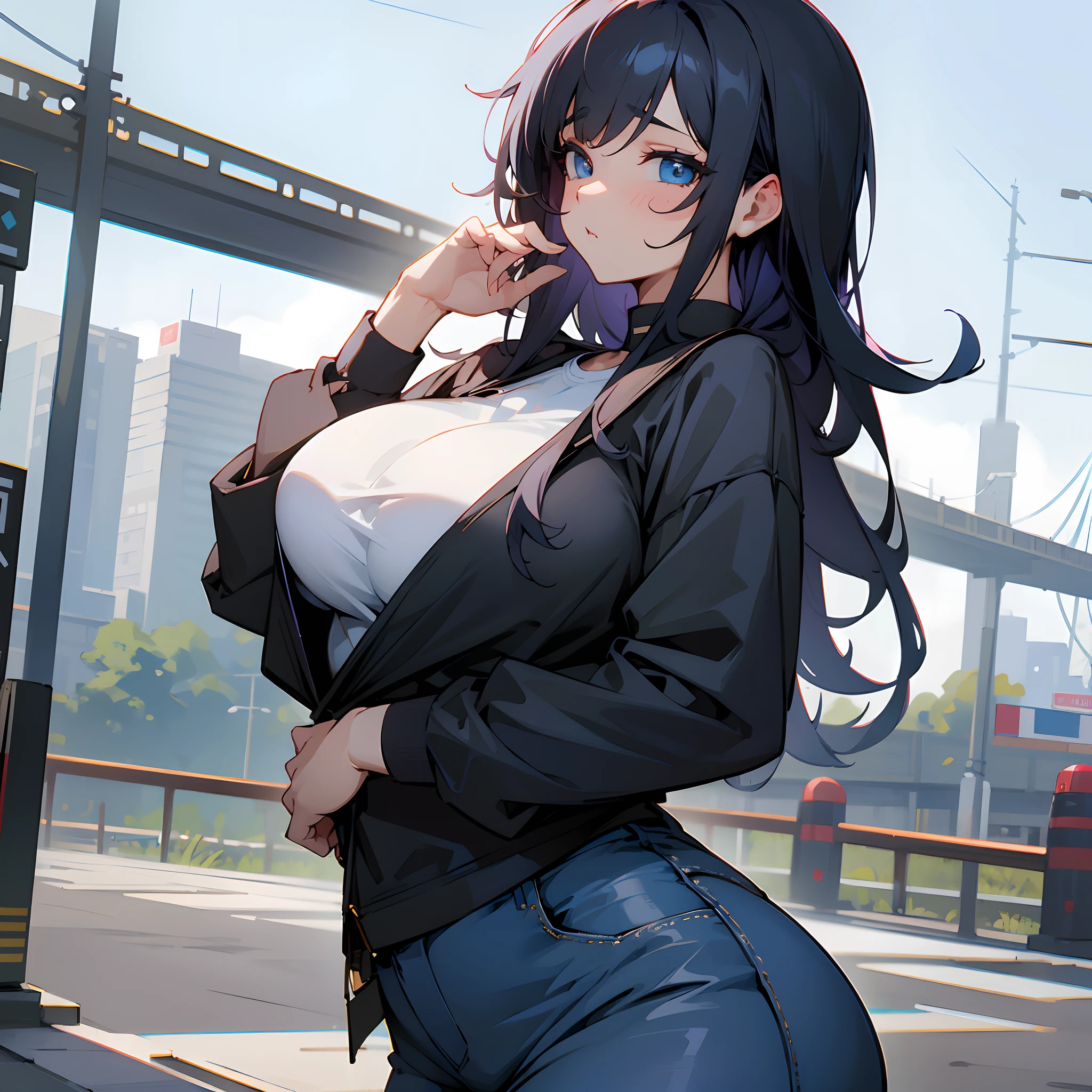 Anime girl with blue eyes and black hair posing in front of a train -  SeaArt AI