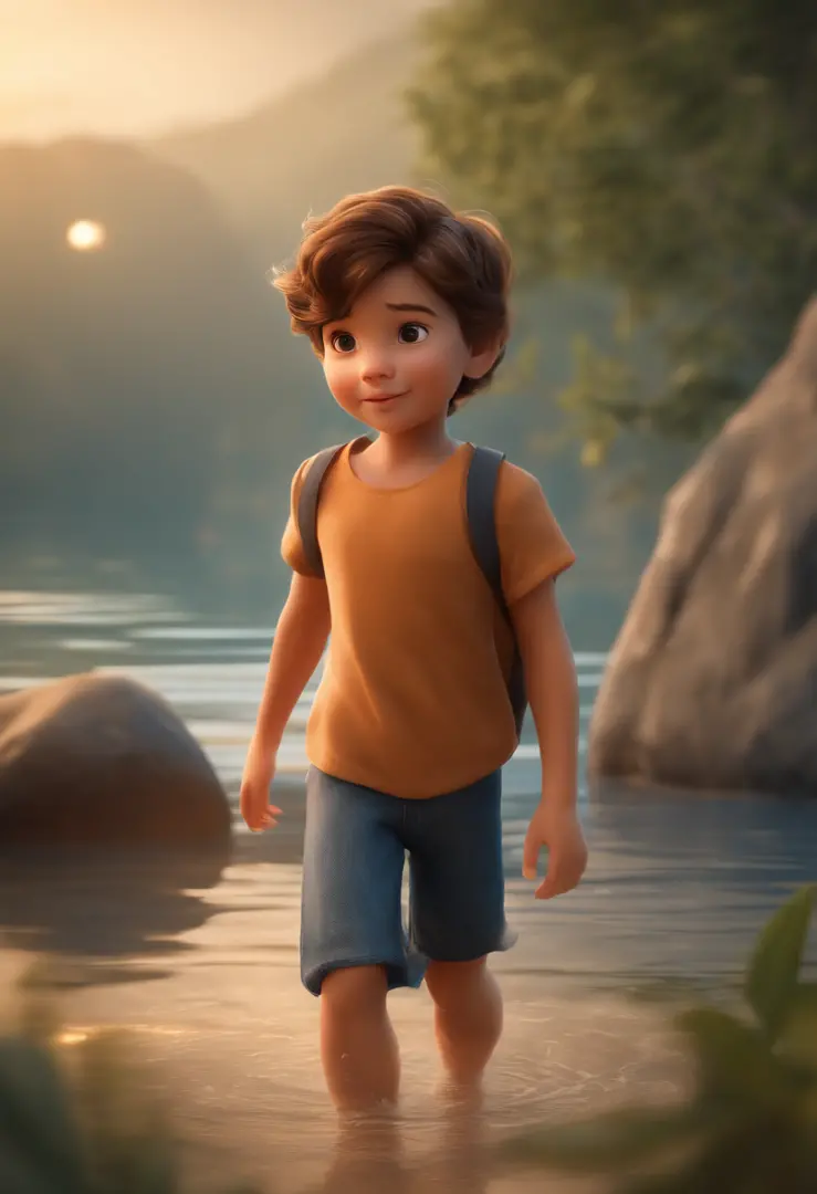 movie picture quality，Disney animation style，A little boy swims in the sea with a koi in his arms，short detailed hair，Denim suspenders，The barefoot，depth of fields，high light，Real light，Ray traching，oc rendered，Hyper-realistic，best qualtiy，8K，Works of mast...