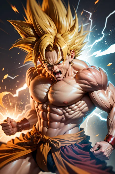 Goku em pose de luta, rosto perfeito, super sayajin, melhor qualidade, obra-prime