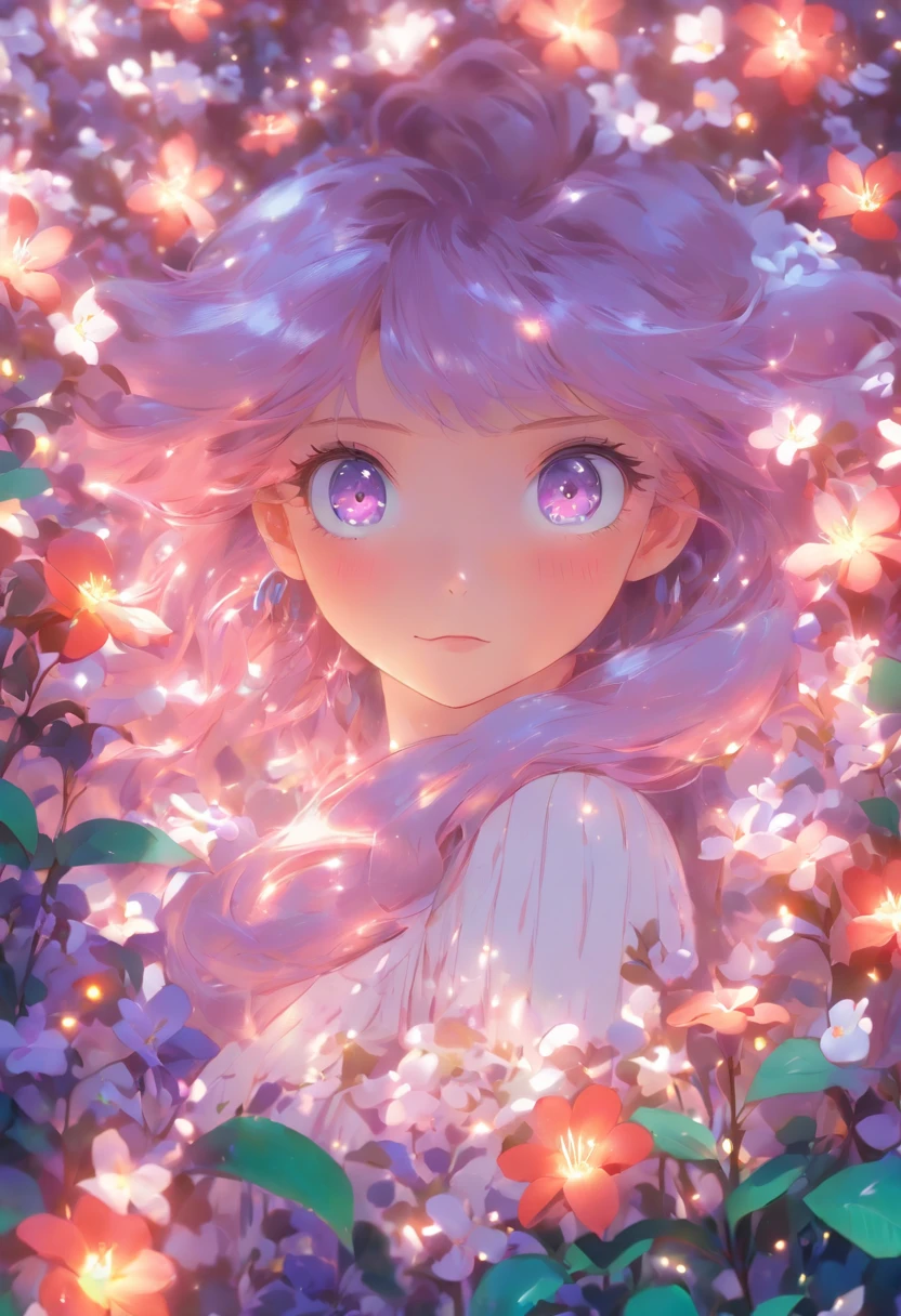 a girl, long lilac hair, fair skin, violet eyes, a mole under the left eye, in a beautiful flower garden