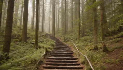 long stairs,Dense forest,bancovered
