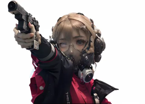 back ground:cidade distopica cyberpunk muitas pessoas caminhando no meio fio drones voando e policial mulher japonesa aponta arm...