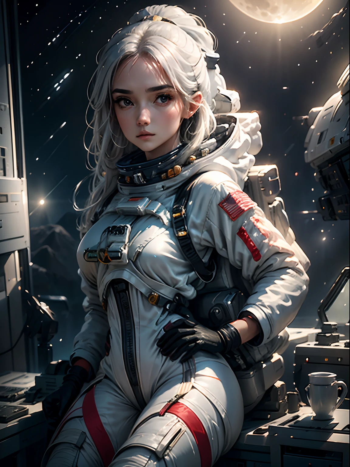 绘制一位身穿太空服的女孩的插图, 迷失在太空中, 在太空中看月亮. 插图一定很惊艳, 美丽而奇妙. 插图必须具有可用的最高分辨率.