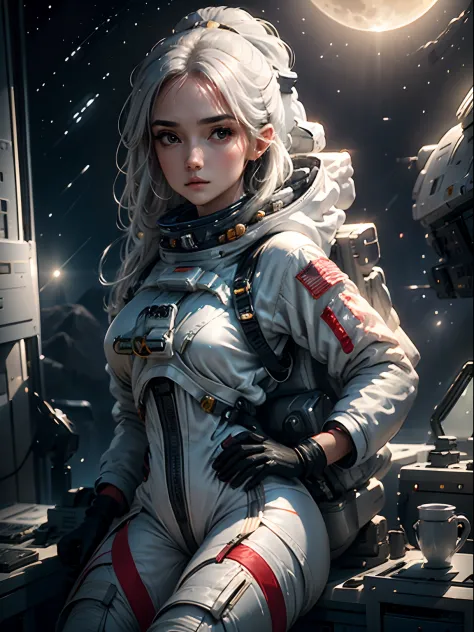 Create an illustration of a girl wearing a space suit, lost in the space, looking at the moon in space. The illustration must be stunning, beautiful and marvelous. The illustration must be of highest resolution available.