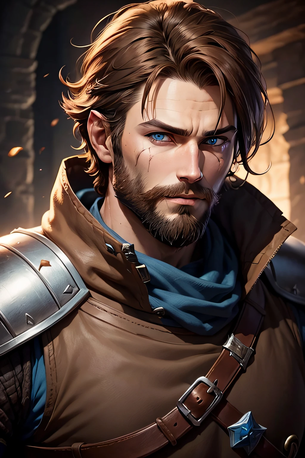Dnd fighter, 1 man, brown hair, brown beard, blue eyes, scar over left eye, knight armor
