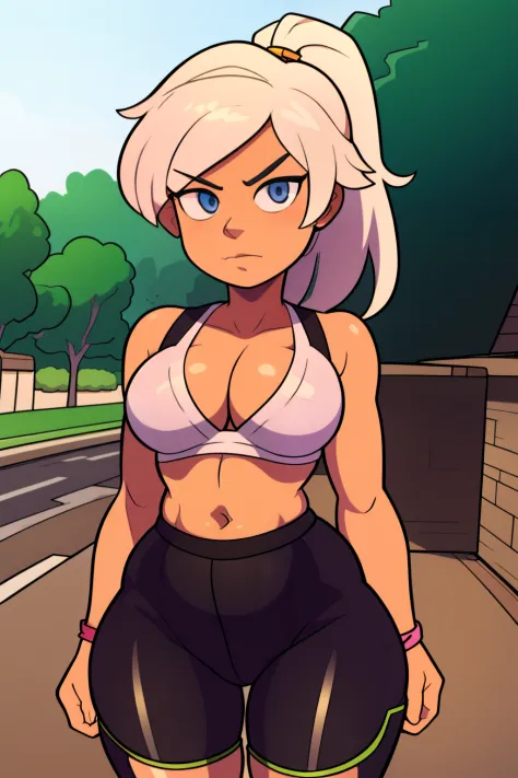 4k, featured on danbooru, fit Gamer girl , (blonde ponytail) with pink streak highlights, 80's anime style, (small chest), thick thighs, tomboy, tomboy proportions, high and wide hips, small waist, narrowed eyes, park bench, bike shorts, tight spats, (spat...