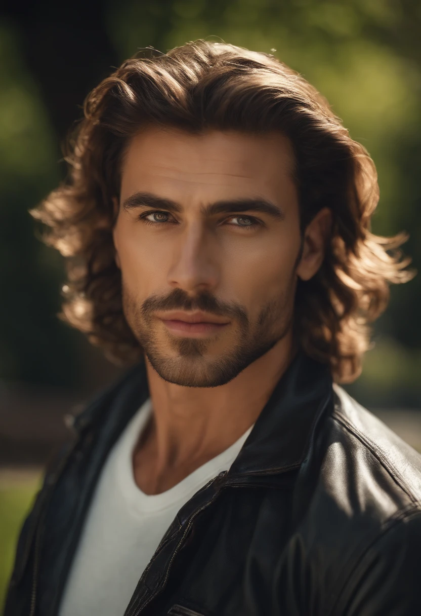 Handsome men 25-3, In the park, mullet, Brown hair, Close up, Satellite image, back lit lighting, hyper HD, High quality, Best quality, A high resolution, 8K, 16k