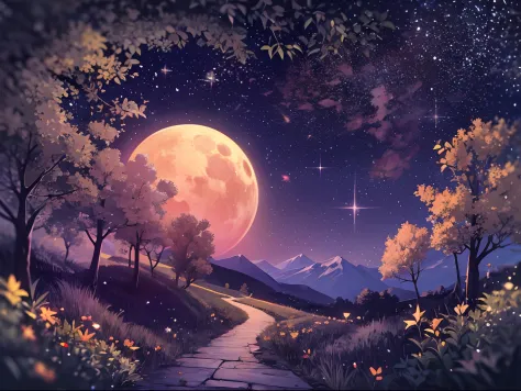 The background is a peaceful night sky，Stars dot between，It's like a twinkling note，Decorate the night sky into a gorgeous picture。in distance，A bright moon rises，Cast a soft glow，Illuminates a trail ahead。

The trail winds its way，A forest that leads to d...