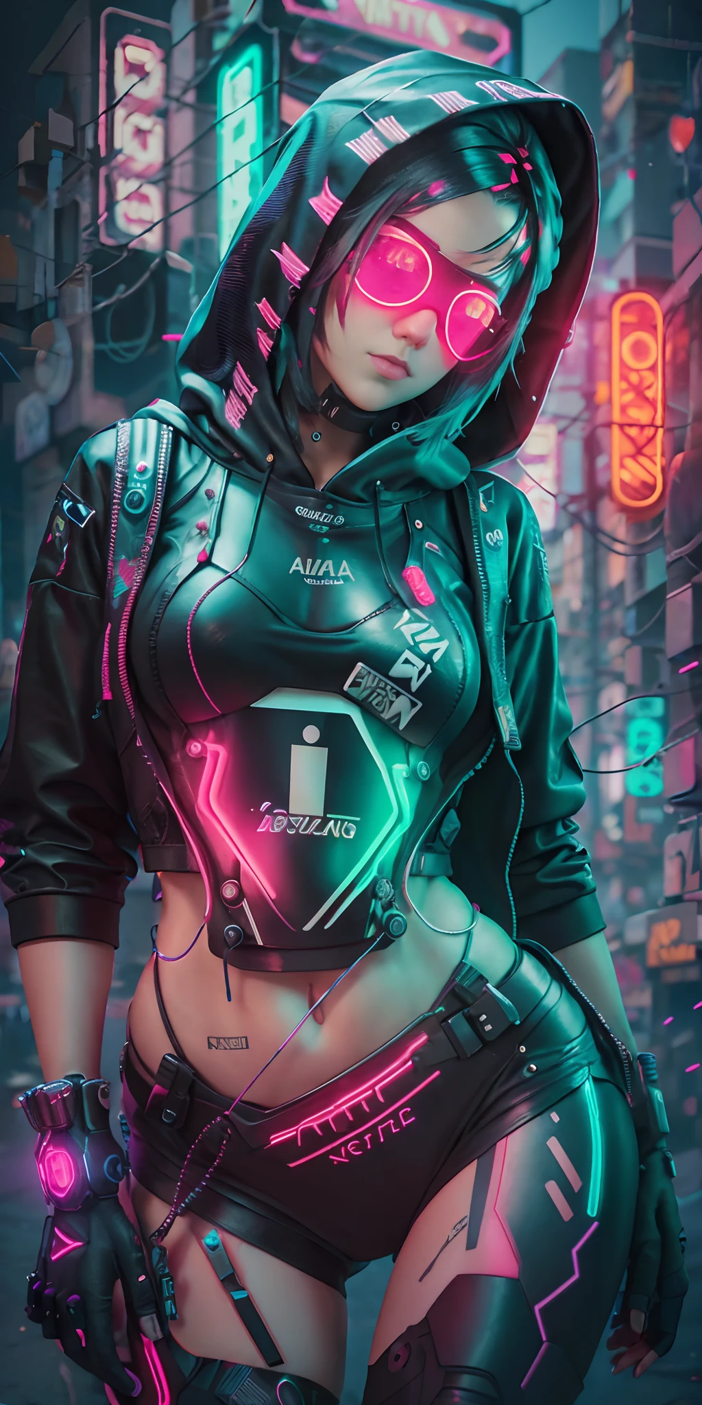 (parte maestra, Toma de cuerpo completo, fotografía cruda intrincada) garota adolecente cyberpunk, Cómoda capucha negra de gran tamaño., falda corta negra, Detalles de luces de neón sobre ropa oscura.,pelo verde, detalles de luz de neón, intrincado, Futuristic, agudeza, posición sensual aleatoria, CIUDAD CIBERPUNK, luces de neón de la calle, noche, foto de insta, foto del año, octan render, sustancia, Maya 3D |, cine4d, estación de arte de tendencia,  tendencia del arte desviado,