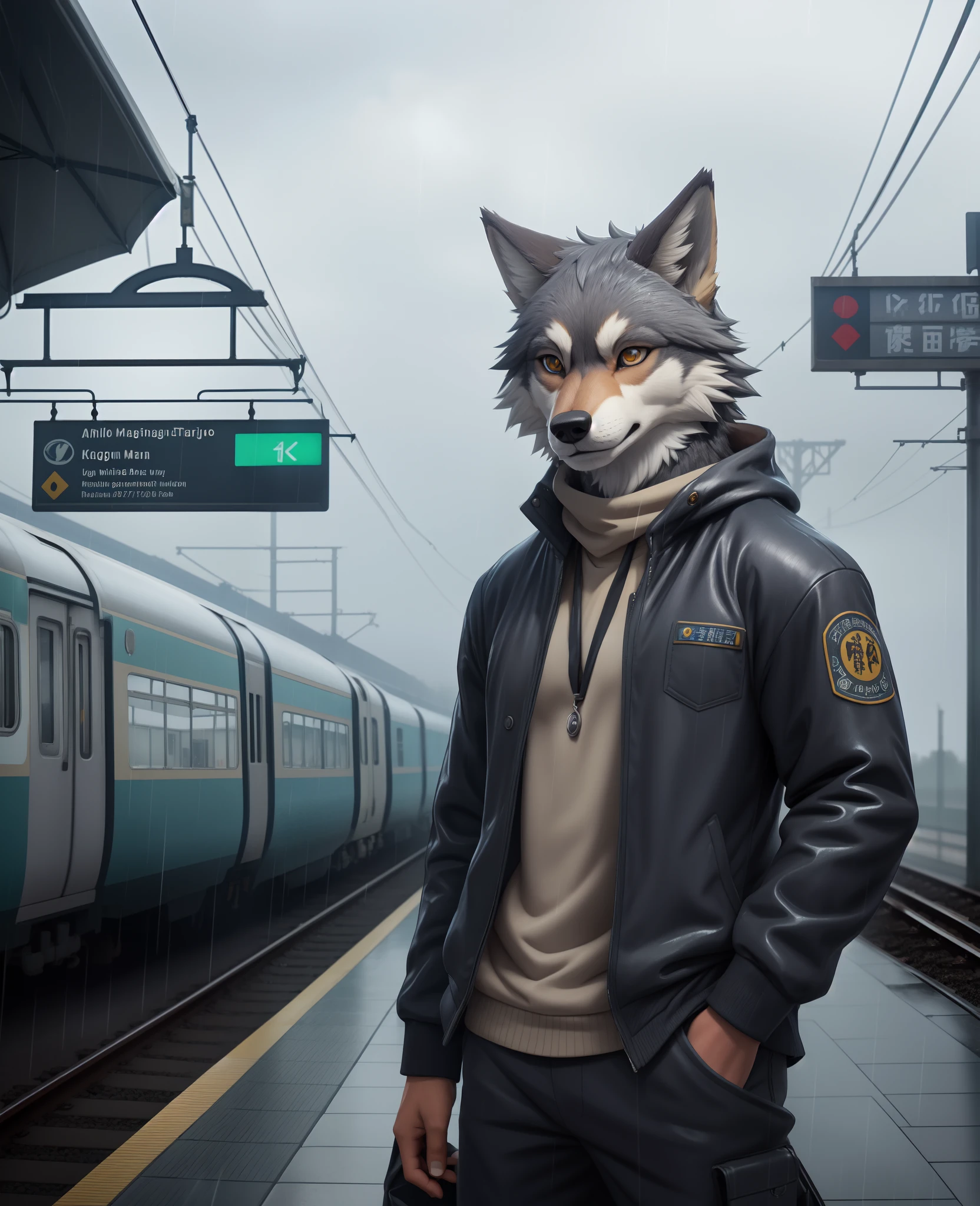 masterpiece, best quality, perfect anatomy,nj5furry,kemono,
solo,male,anthro,wolf,baggy clothing, gentle, 
bright eyes, detailed eyes, looking at viewer, 
train station, waterdrop, grey sky, raining, fog,