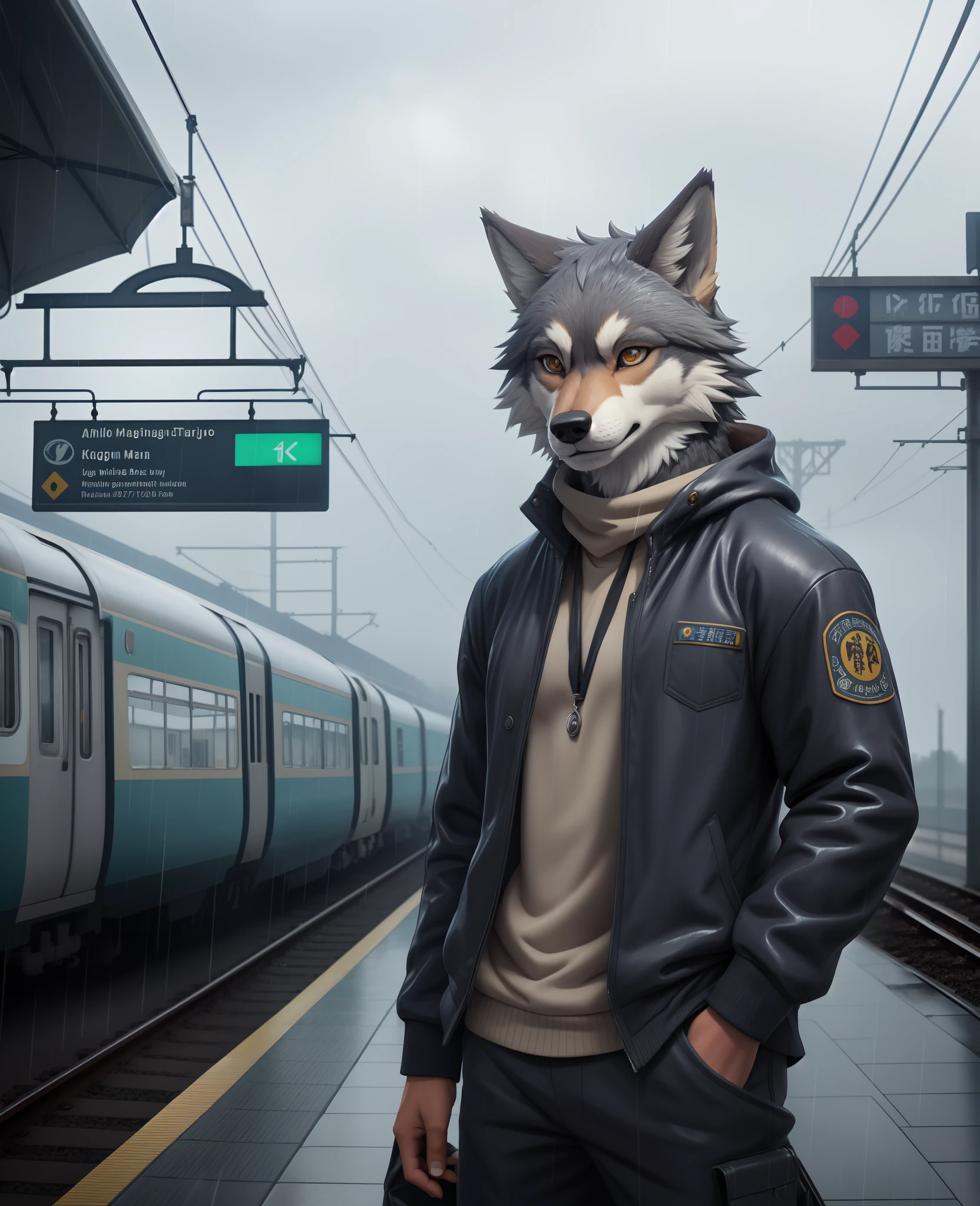 Meisterwerk, beste Qualität, Perfekte Anatomie,nj5furry,Kemono,
Allein,männlich,anthro,wolf,weite Kleidung, Sanft, 
strahlende Augen, Detaillierte Augen, Betrachter betrachten, 
Bahnhof, Wassertropfen, grauer Himmel, regnet, Nebel,