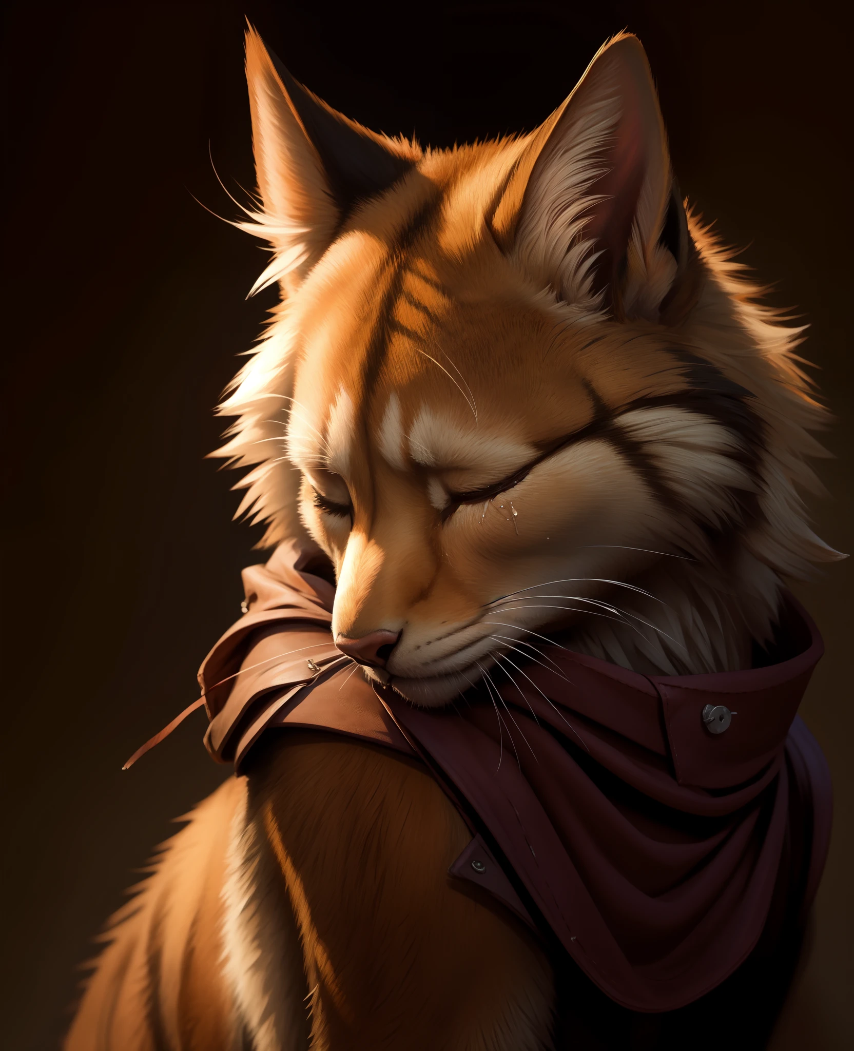by kenket, by totesfleisch8, (by thebigslick, by silverfox5213:0.8), (by syuro:0.2), (by qupostuv35:1.2), (hi res), (masterpiece, best quality), animal, 1girl, solo, sad, crying, tears, eyes closed, wounded, bleeding, realistic, high quality, highres,FurryCore,DarkTheme