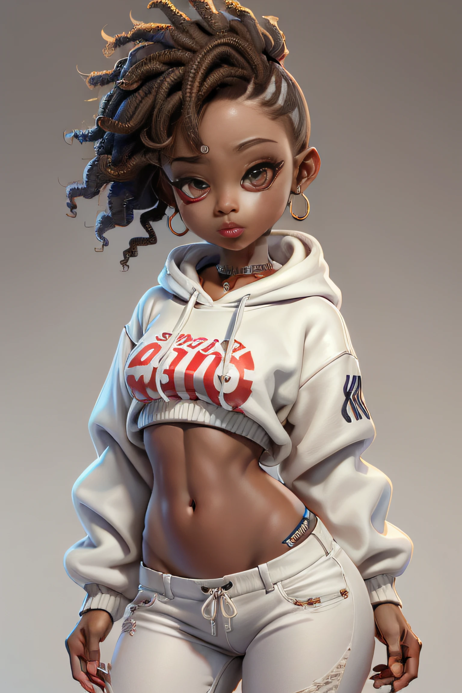 incomparable masterpiece, ultrarealista 8k CG | | | | | | |, Chibi, Perfect artwork, ((African hip hop dancer style20 years)), mulher negra cintura fina, limpo, beautiful face, {menino estilo hip hop olhos perfeitos} , papel de parede 8k, {{{master part}} }, 1rapaz, brown hair, olhos castanhos, cabelos undercut, ((wearing white pants and sweatshirt)), Detailed lips, olhar espectador, Detailed lips, red lips, fundo simples, sozinho, corpo inteiro , (pele brilhante), roupa estilosa