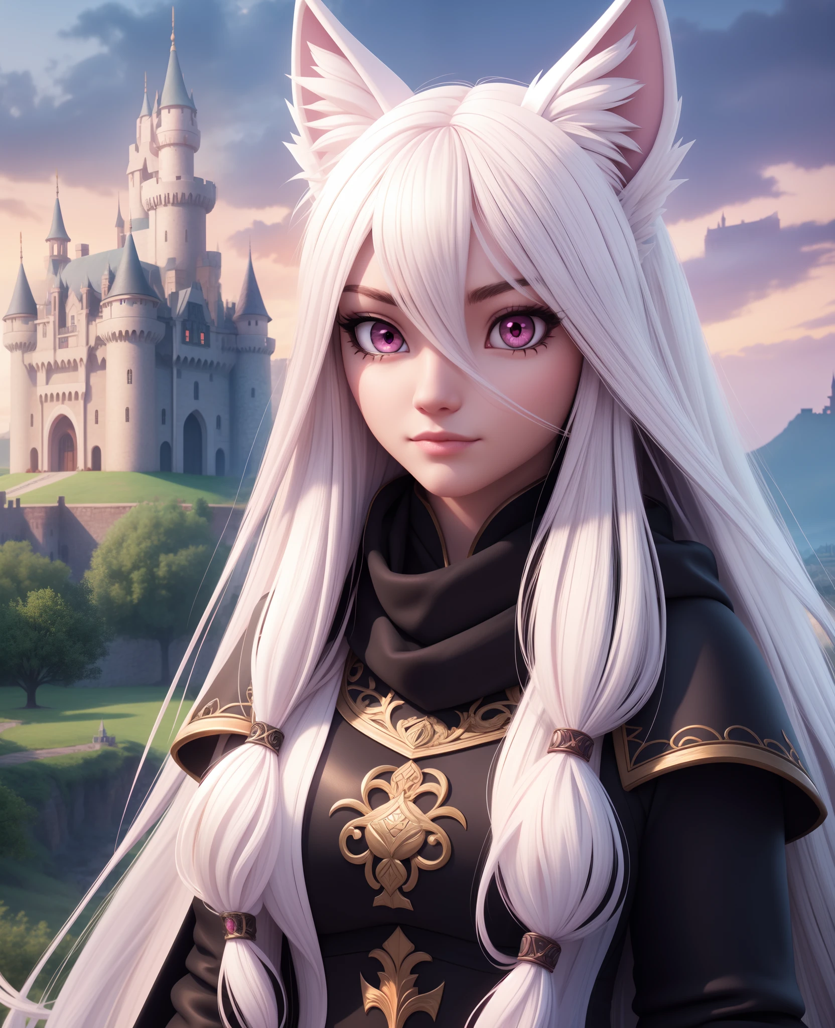 1girl, long white hair, pink eyes, black scarf, wolf ears, maiden outfit, castle in the background, 8k, high resolution, intricate details, ultrasharp, masterpiece, looking at viewer