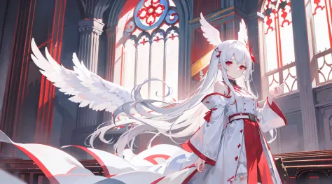 1girl, long white hair, red eyes, wearing white robe, angel wings, castle's church, absurdres, high res, ultrasharp, 8K, masterpiece, looking at viewer