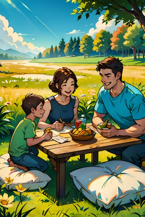 A happy family, having lunch at a picnic table, husband, wife and child, background is corn field, mood is happy, appreciative, ...