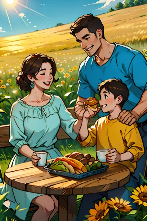 A happy family, having lunch at a picnic table, husband, wife and child, background is corn field, mood is happy, appreciative, ...