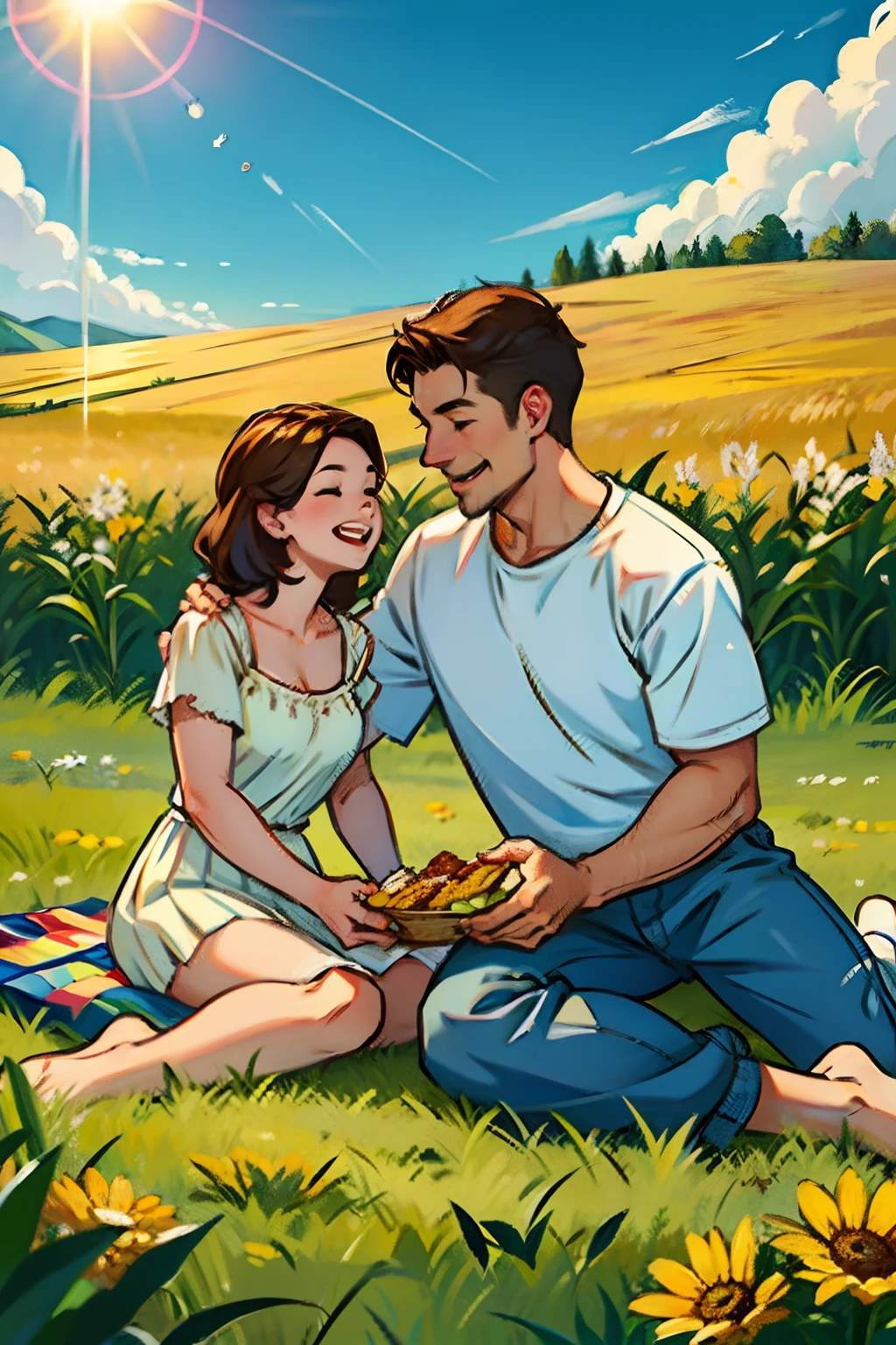 A happy family, having lunch at a picnic table, husband, wife and child, background is corn field, mood is happy, appreciative, progressive, daytime light, character design.