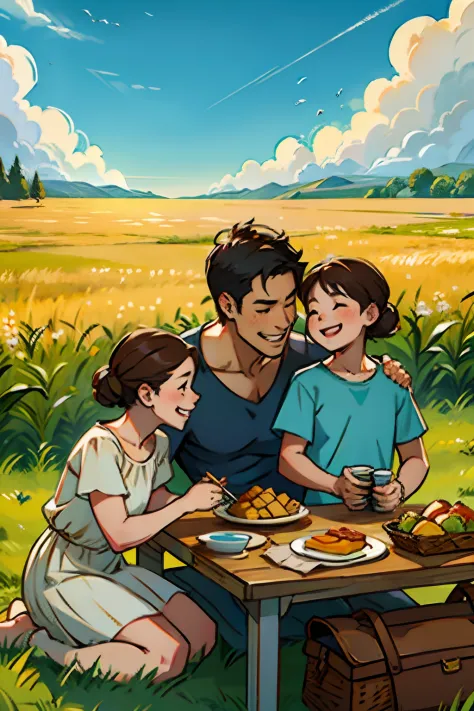 A happy family, having lunch at a picnic table, husband, wife and child, background is corn field, mood is happy, appreciative, ...