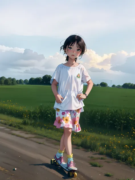 there is a young girl standing on a skateboard on a road, standing in flower field, girl standing in flower field, standing in a...