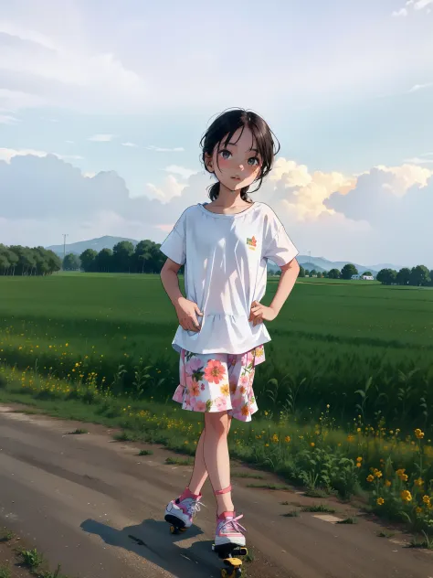 there is a young girl standing on a skateboard on a road, standing in flower field, girl standing in flower field, standing in a...