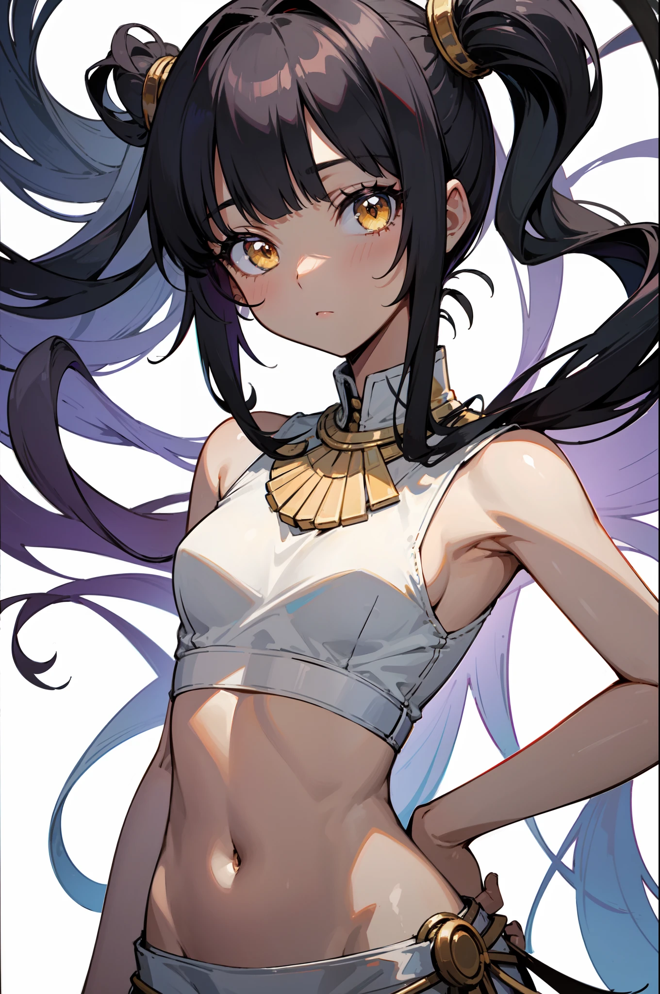 1girl, solo, teen, petite, (dark skin), black hair, medium long hair, hime cut, blunt bangs, long sidelocks, messy hair, yellow eyes, glowing eyes, egyptian clothes, white top, navel, (pelvic courtain), old fashioned clothes, (small breasts), inexpressive, neutral, standing, hands on hips, looking at viewer, (upper body), white background, simple background, masterpiece, best quality, 4k