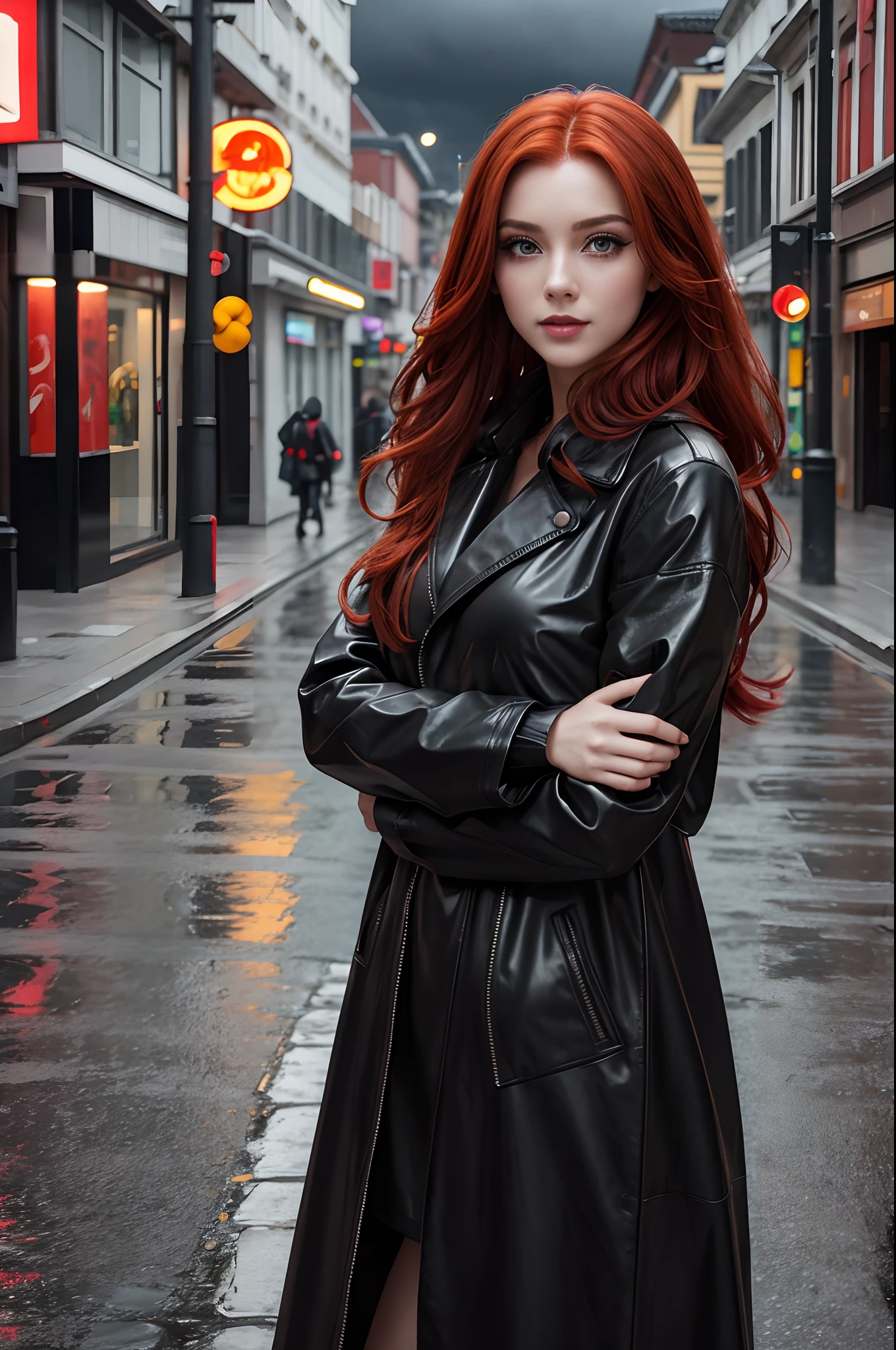 漂亮姑娘, 皮革黑色長雨衣, 长长的红头发, 臉上露出狡猾俏皮的表情, 明亮的妝容, 空蕩蕩的城市街道, 陰天, 攝影品質.
