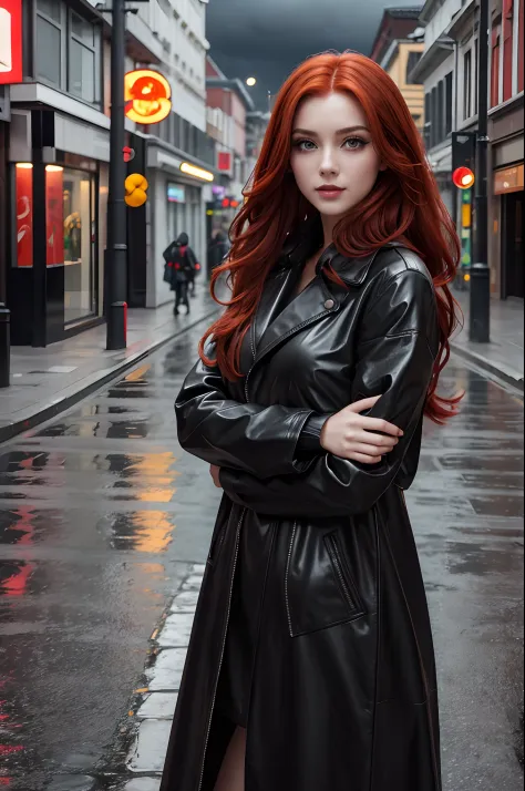 handsome girl, leather black long raincoat, Long red hair, cunning playful expression on his face, Bright make-up, Empty City St...