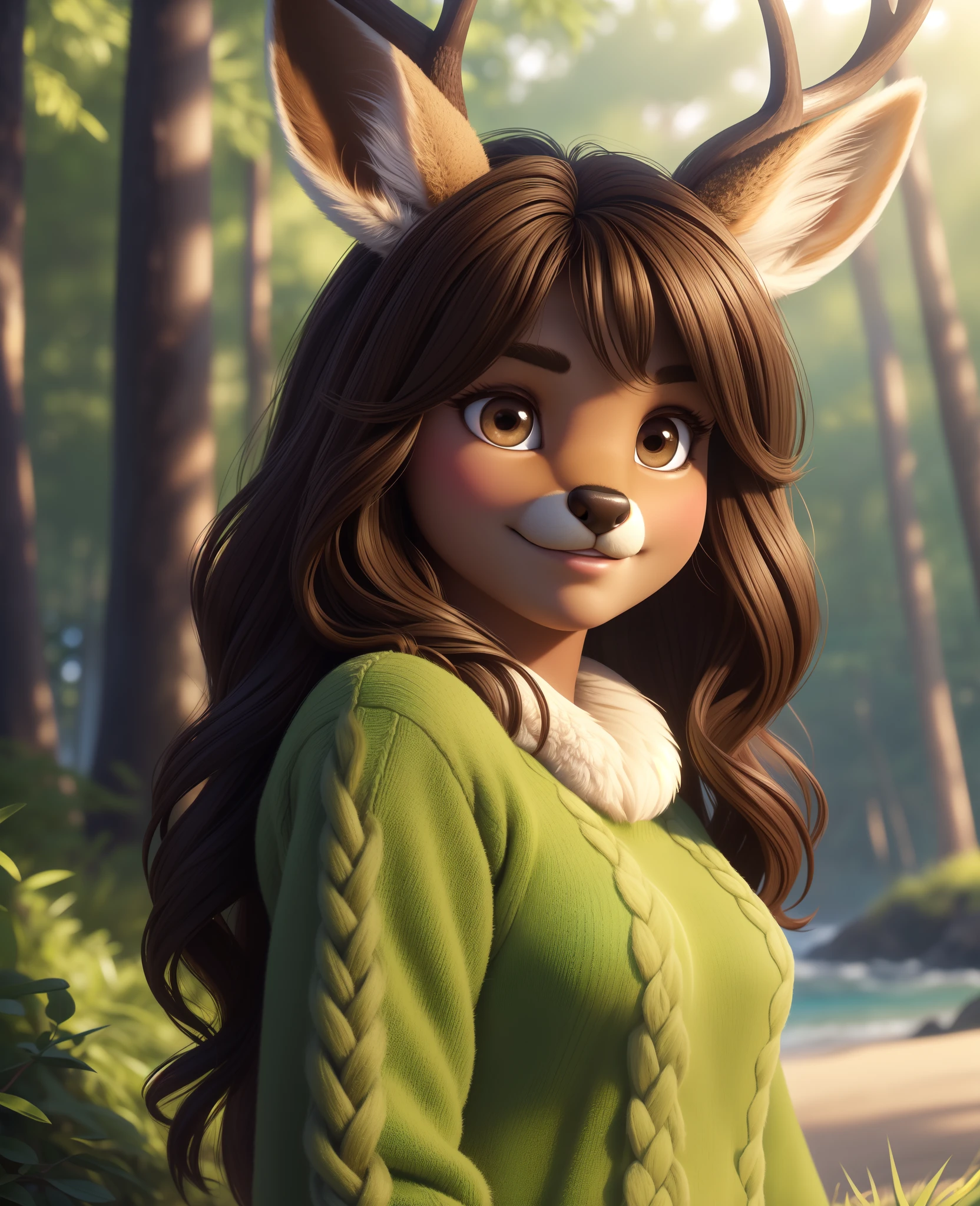 Masterpiece, a deer, furry, in a beach forest, uploaded on e621, ((by Silverfox5213)), (deer Vintage body), Gotten up, solo (Biped furry:1.4), ((deer female with Green sweater and Brown eyes, check tuft, little horns)), (detailed deer), Fluffy long hair (very long hair very fluffy ) ((dark brown wavy hair)), beige body, ((detailed fluffy fur)), (full-length portrait, looking at viewer), (beach grass), smile deer, chubby, BREAK, (detailed background, depth of field, half body shadow, sunlight, ambient light on the body), (masterpiece, best quality, ultra realistic, 4k, 2k, (intricate:0.9), (high detail:1.4), film photography, (soft focus:1.2), face beautiful RAW photo, photorealistic, analog style, subsurface scattering, photorealism, absurd res), Beautiful eyes