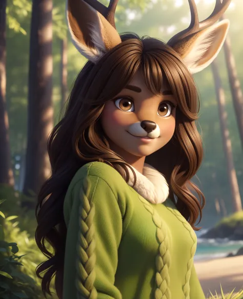 Masterpiece, a deer, furry, in a beach forest, uploaded on e621, ((by Silverfox5213)), (deer Vintage body), Gotten up, solo (Biped furry:1.4), ((deer female with Green sweater and Brown eyes, check tuft, little horns)), (detailed deer), Fluffy long hair (v...