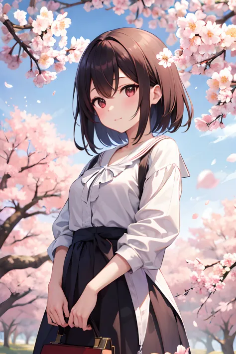 (masutepiece), Best Quality, High resolution, Highly detailed, Detailed background, Perfect Lighting, plein air, 1girl in, Cherry blossoms in full bloom