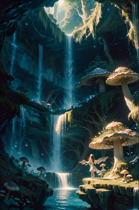 A whimsical, dreamlike artwork that combines elements of a "Waterfall Shower Girl Cave" with fantasy. The cave is nestled beneath a towering mushroom canopy, and the waterfall is a shimmering ribbon of liquid stardust. Inside the cave, a girl with wings ba...