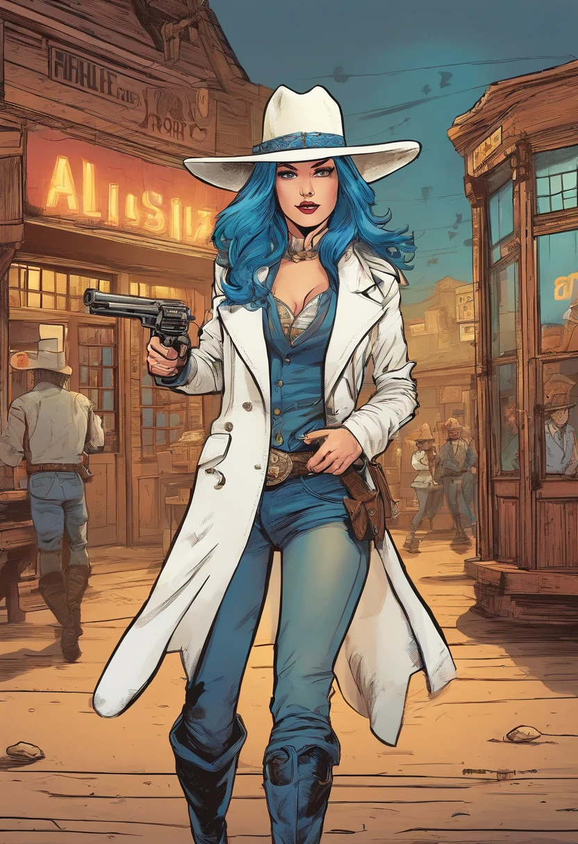 Action scene in a western movie, Alissa White-Gluz with blue hair, dressed in a white trench coat, blouse and cowboy hat walks in to a saloon with draw pistols ((pointed at the viewer)). Full body