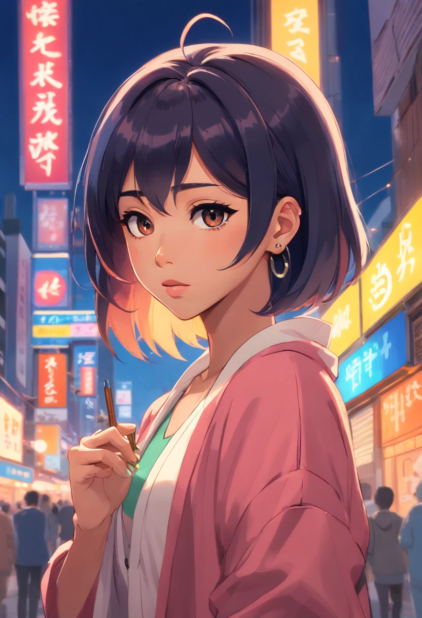 Anime girl in a pink jacket holding a cigarette in a crowded city - SeaArt  AI