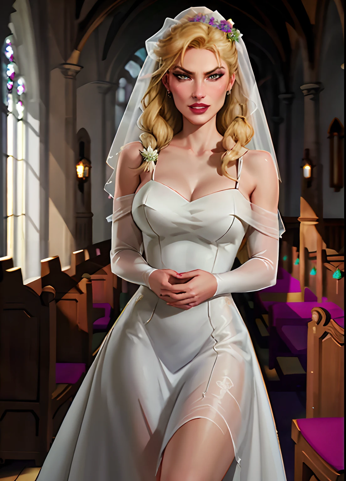 1girl, helga sinclair, cathedral,.holding purple flower bouquet, parted lips, hair over shoulder, evil smirk, skin tight wedding dress, wedding veil, church pews, looking at viewer, volumetric lighting, best quality, masterpiece, realistic,