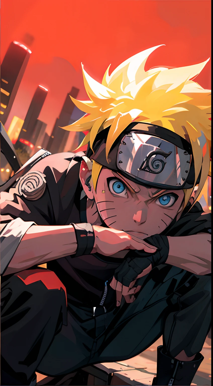 Porträt, Neon, 1 Junge, shonen style, stachelige blonde Haare, Kratzer auf den Wangen, schwarze und rote Kleidung, Lederjacke, Jeans, Stiefel, Bandana mit Blattsymbol, perfekte Augen, Cool, blaue Augen, Ganzkörper, Farbe - Name Naruto Uzumaki - Nachthintergrundstadt mit futuristischen Gebäuden und Hologrammen