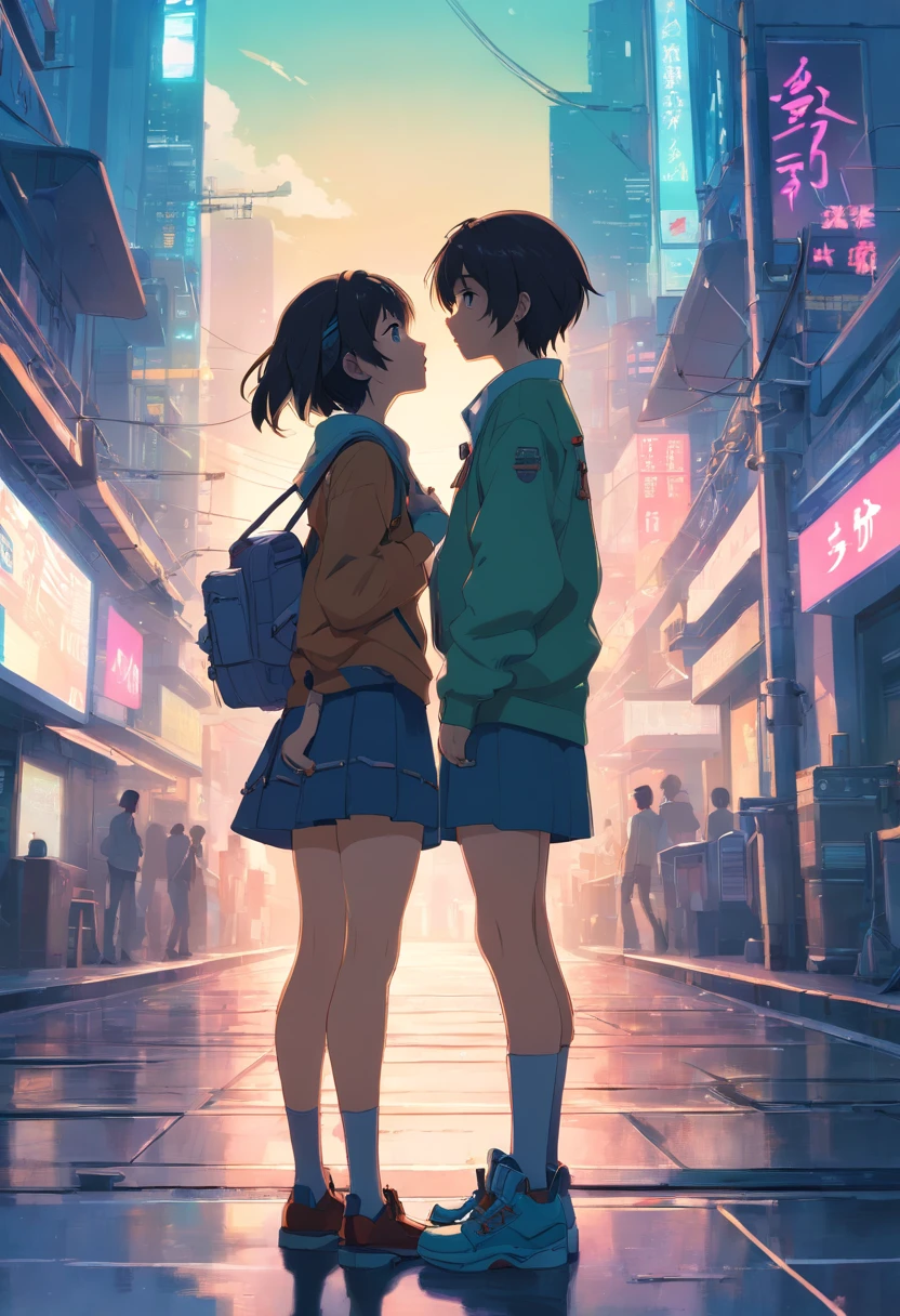 A couple of anime girls standing in a city street - SeaArt AI