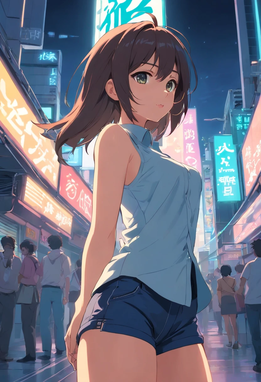 A woman in shorts and a shirt standing in a city street - SeaArt AI