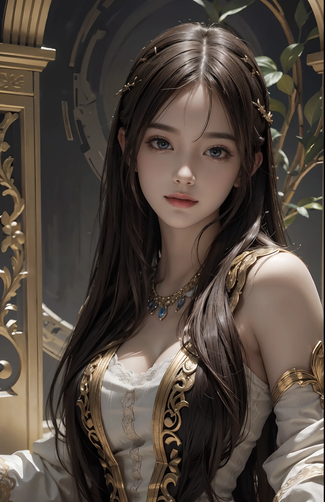 Skyland temple, seductive pose, (Ultra Realistic), (Illustration), (Increased Resolution), (8K), (Extremely Detailed), (Best Illustration), (Beautiful and Detailed Eyes), (Best Quality), (Ultra Detailed), (Masterpiece ), ( wallpaper), (detailed face), solo, 1 girl, fine details, detailed face, deep shadows, low key, pureerosfaceace_v1, smiling, long hair, 46 points oblique bangs