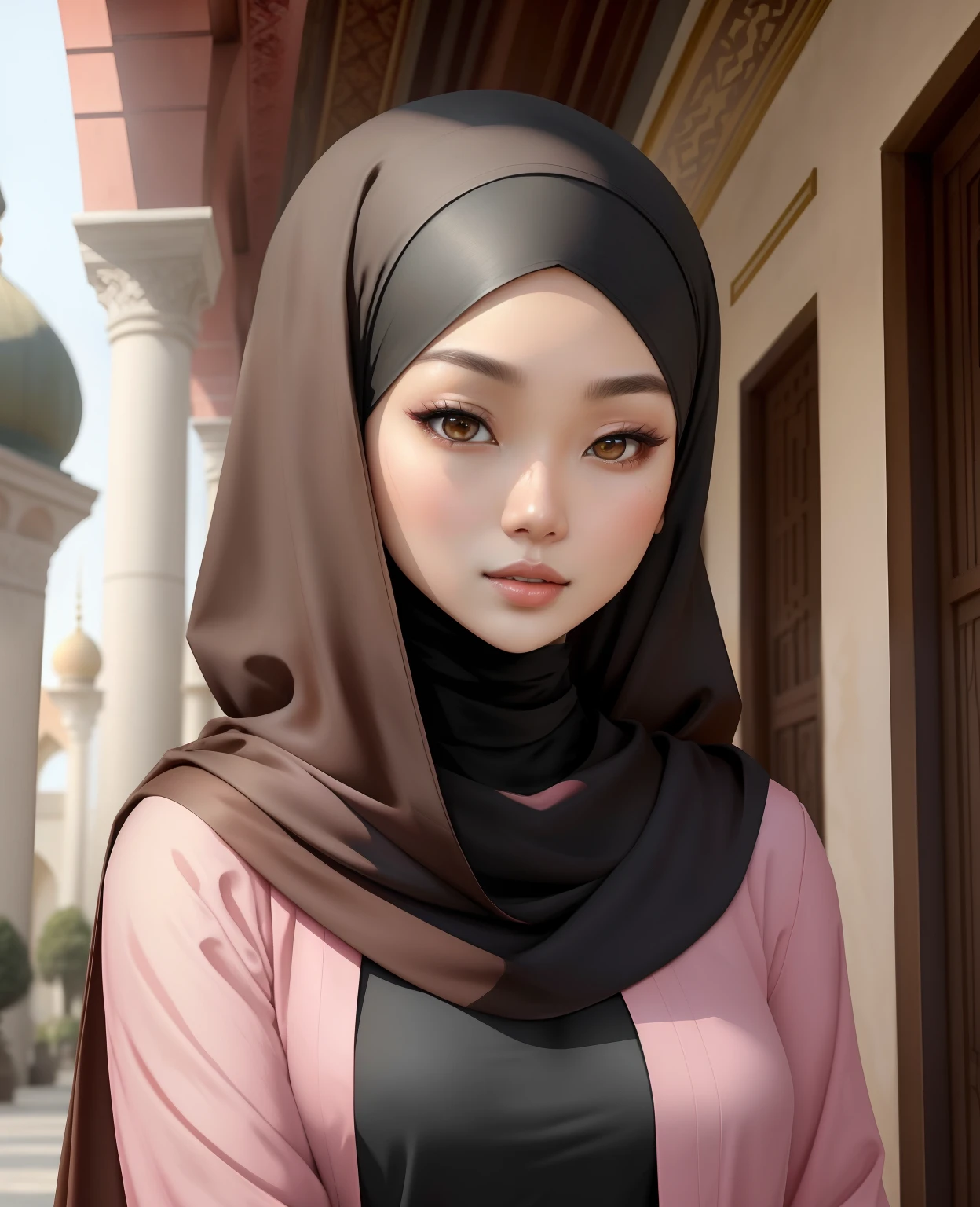 (obra maestra),(Muy detallado),a half body of a asian woman wearing a hiyab and a black and pink shirt, hermoso rostro estetico, su piel es marrón claro, Antecedentes de la mezquita, girl linda-cara-fina, rostro femenino atractivo!!!, con cara precisa, cara hermosa y atractiva, hermoso rostro delicado, cara muy bonita, with linda - fina - cara, hiyab, Muchacha atractiva, linda - fina - cara, linda-cara-fina