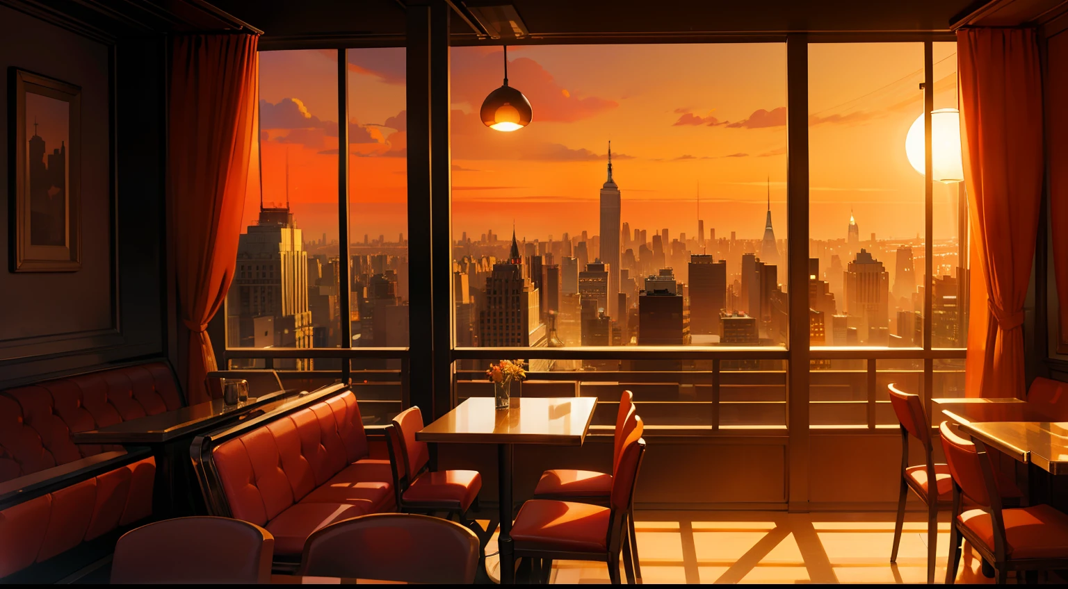 Interior of a café, with piano jazz atmosphere, with New York City backdrop. The scene is in a red and orange color scheme, giving you a warm and vibrant atmosphere.