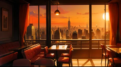 Interior of a café, com ambiente piano jazz, com pano de fundo a cidade de Nova York. The scene is in a red and orange color sch...