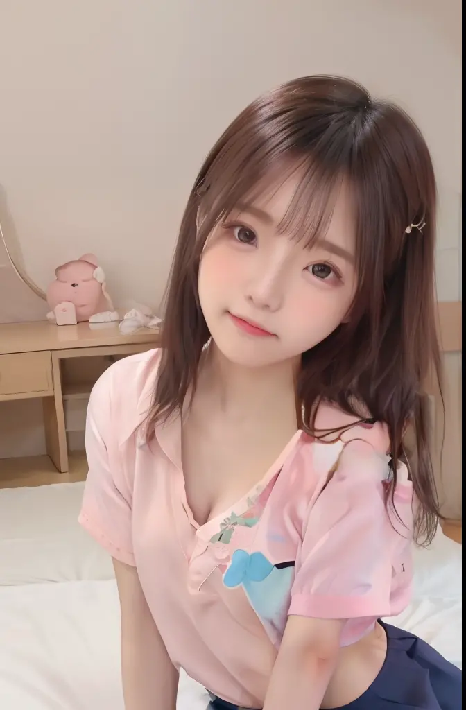 a beauty girl、cute face、Very small breasts、slender body and limbs、Unbutton  your shirt、Brown hair、Shirt with wide open chest、Keep previous face、a smile  - SeaArt AI